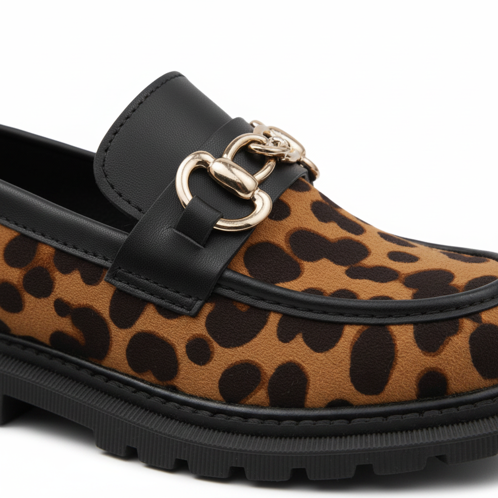 Mocassins léopard vus de face, prêts à ajouter une touche sauvage et chic à votre tenue quotidienne.