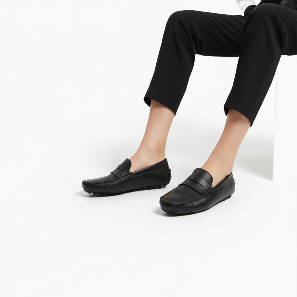 Gros plan sur le cuir de vachette noir mat du mocassin, mettant en valeur sa texture raffinée et durable.