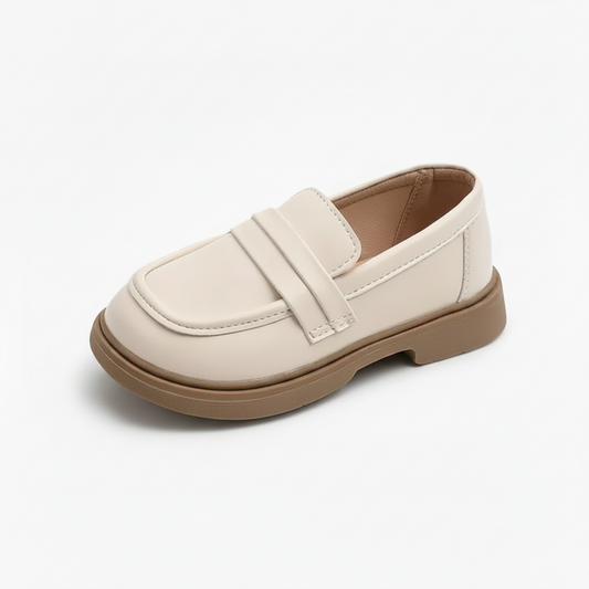 Mocassin fillette compensé en cuir beige et marron, idéal pour l'école ou les cérémonies.