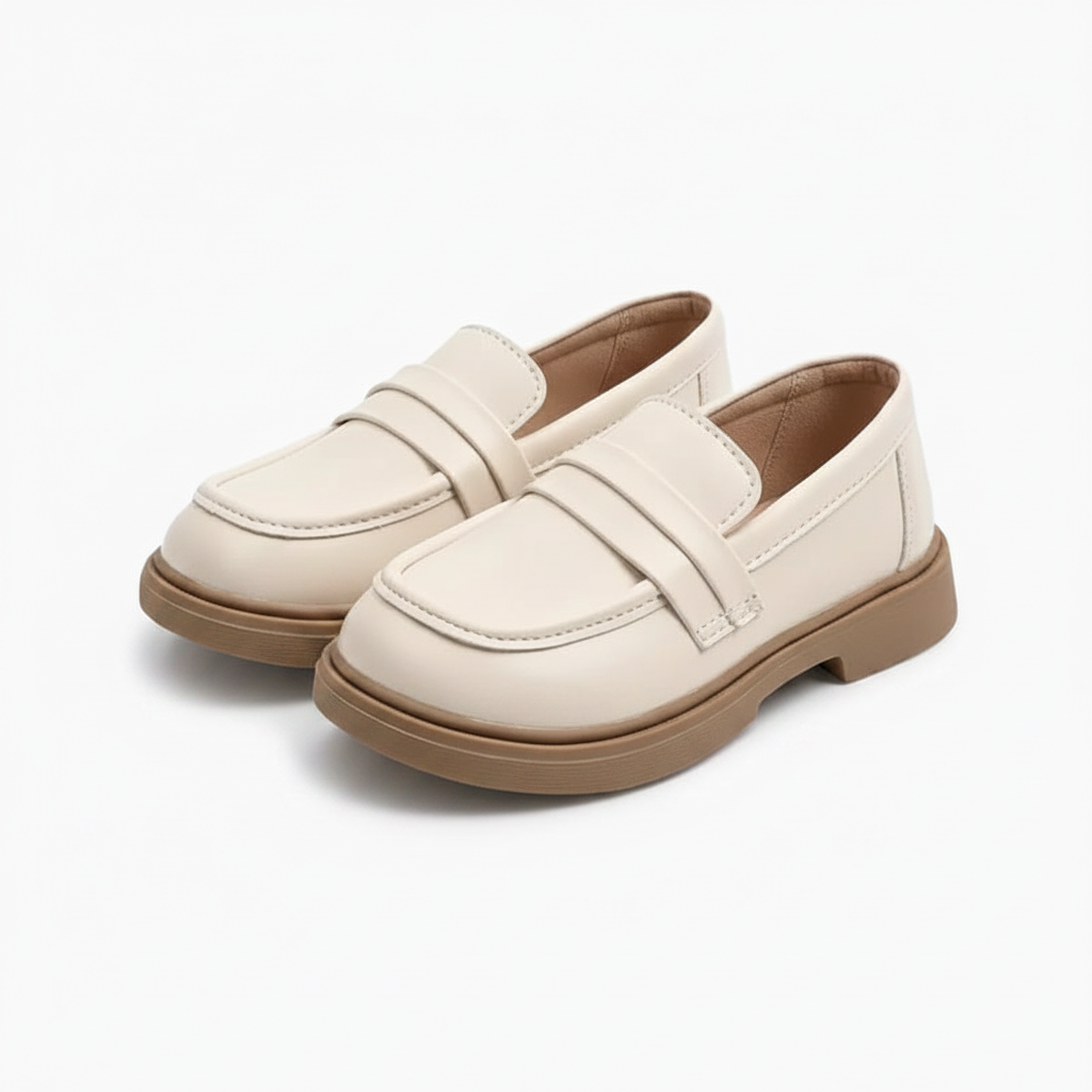 Détail des coutures fines et de la finition impeccable du mocassin compensé en cuir bicolore.