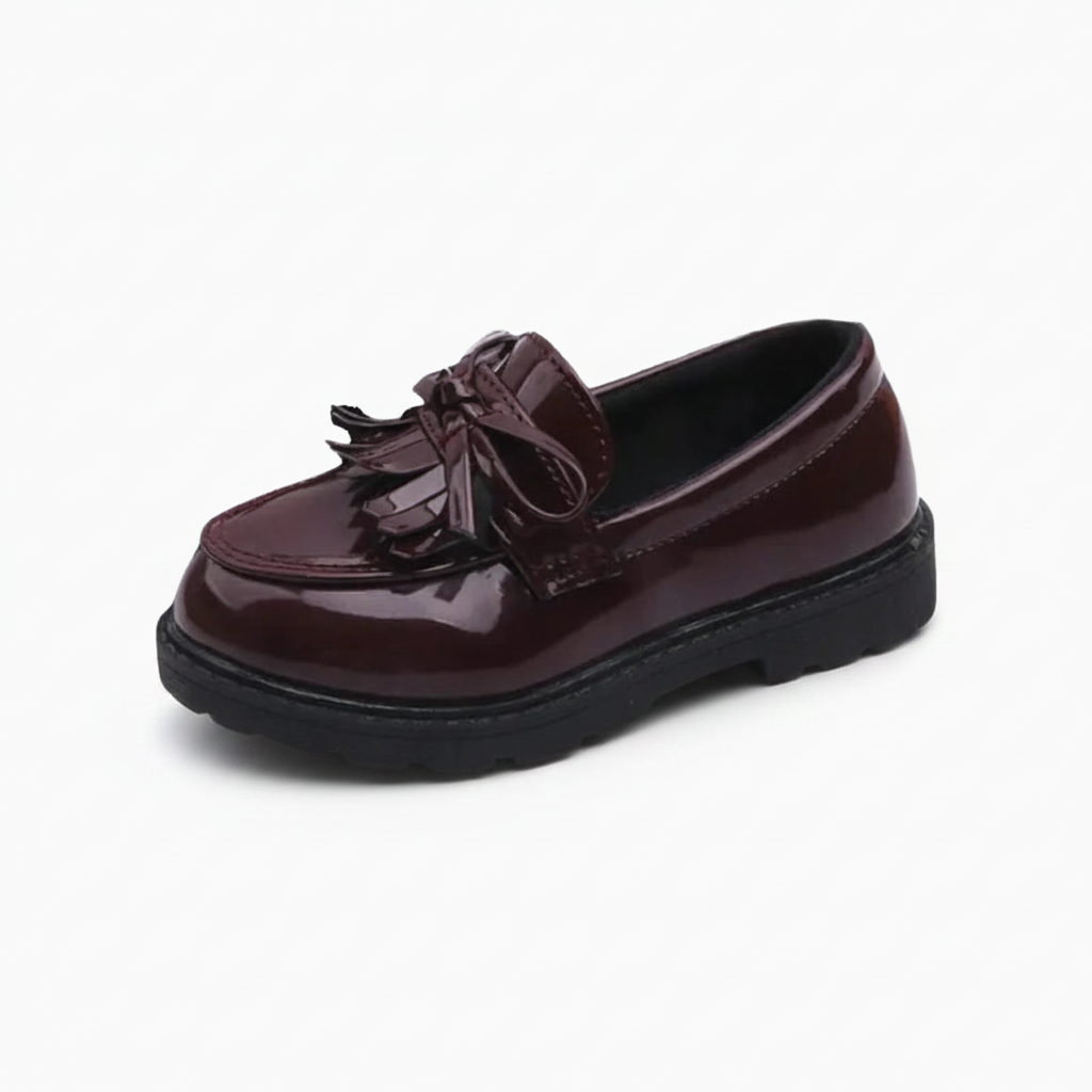 Mocassin fillette bordeaux en cuir PU, élégant et confortable, vue de face.
