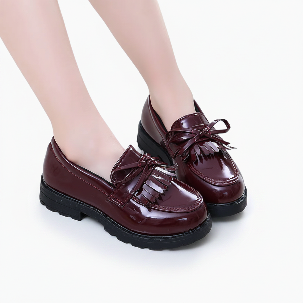 Mocassins bordeaux pour jeunes filles, vus de dos, montrant la finition raffinée.