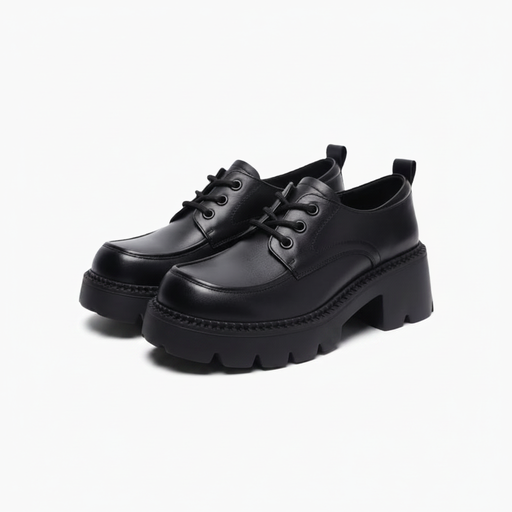 Femme traversant une rue, ses mocassins noirs à lacets ajoutant une touche chic à sa tenue.