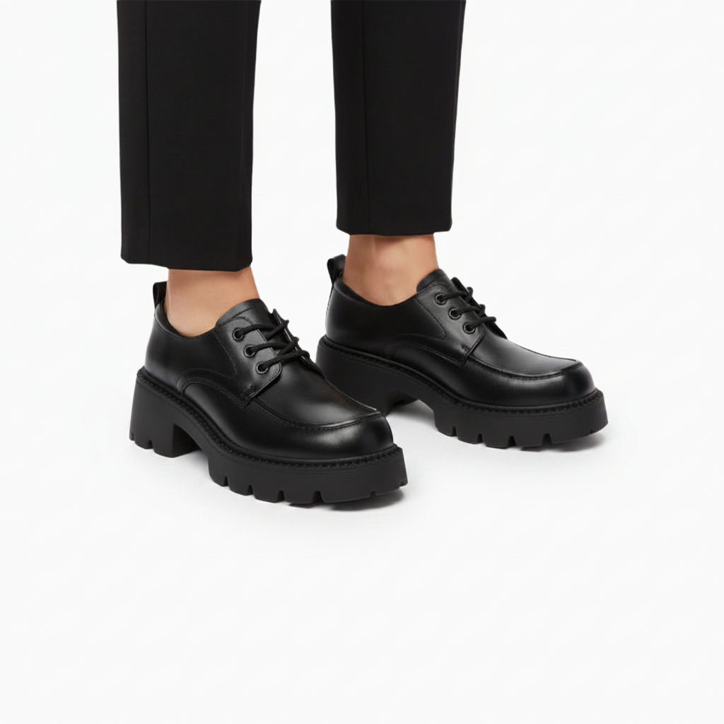 Mocassins noirs à lacets portés avec un pantalon, parfaits pour une allure professionnelle et confortable.