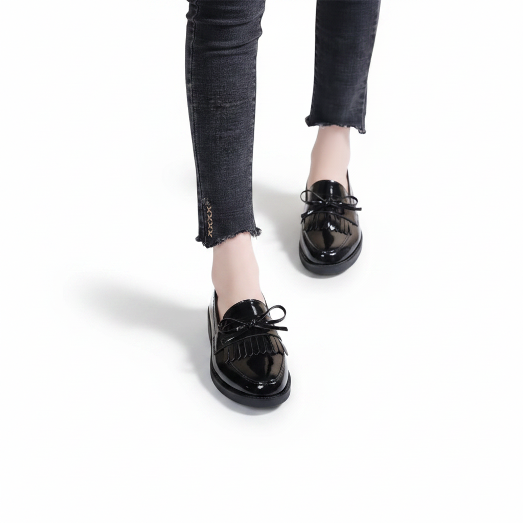 Chaussures mocassins noires brillantes sur une personne marchant, capturant le mouvement et le confort au quotidien.