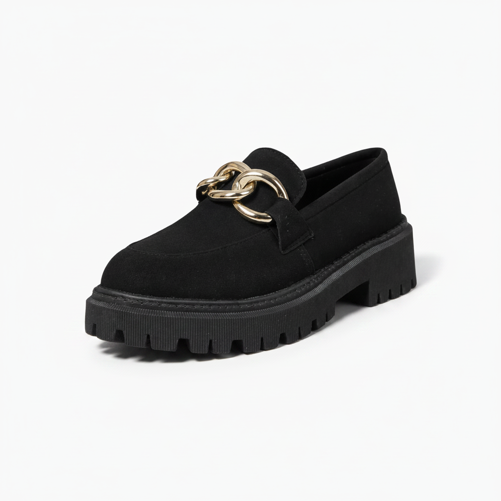 Mocassins femme noirs et dorés, alliance élégante de couleurs classiques et d'un éclat subtil.