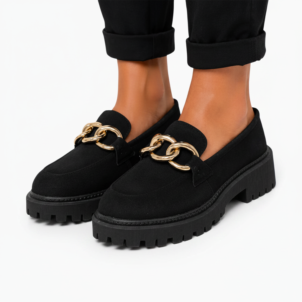 Mocassins féminins noirs et dorés complétant parfaitement une tenue estivale chic et légère.