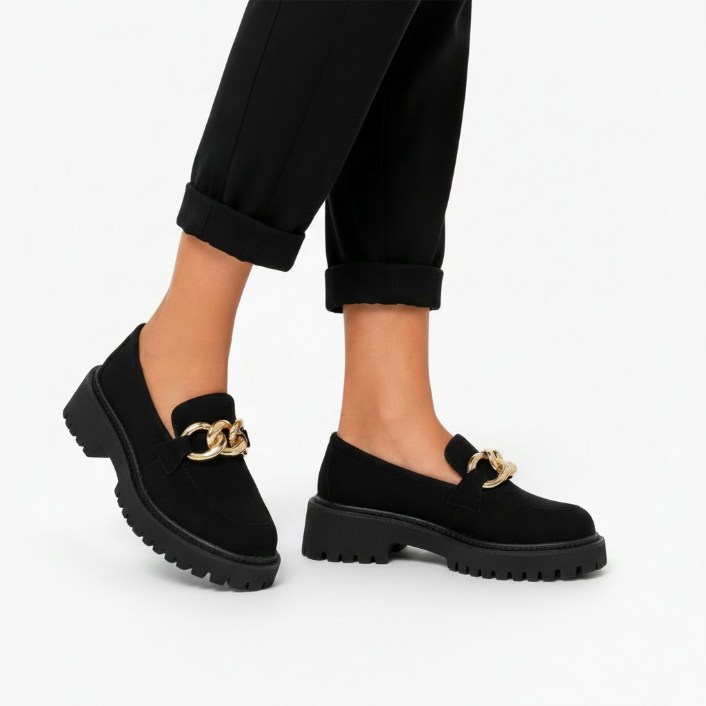 Profil élégant d'un mocassin femme avec son bout rond confortable et sa finition dorée.