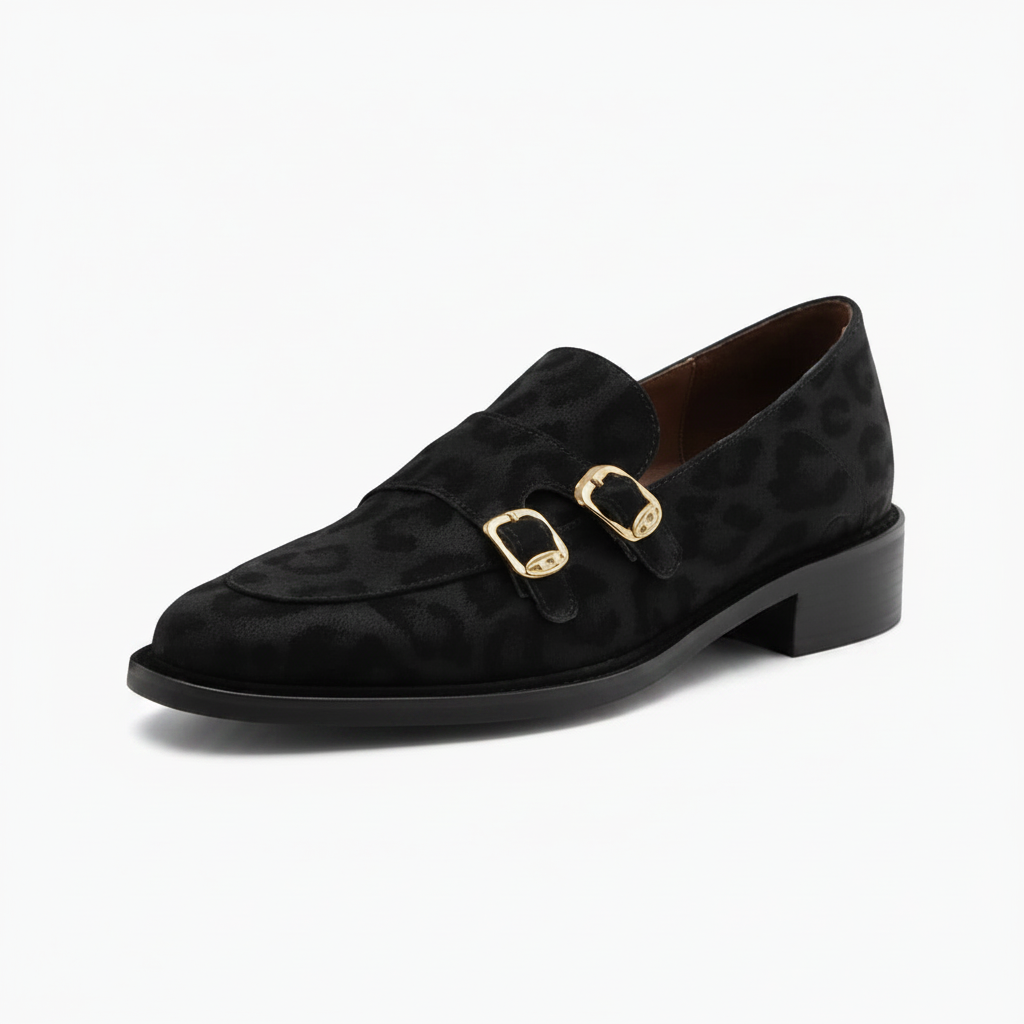Mocassin femme noir en cuir, élégant avec son imprimé léopard audacieux, offrant un style sophistiqué et intemporel.