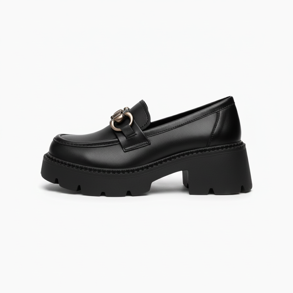 Détail de la chaînette argentée délicatement posée sur le devant du mocassin noir femme, apportant une touche raffinée.