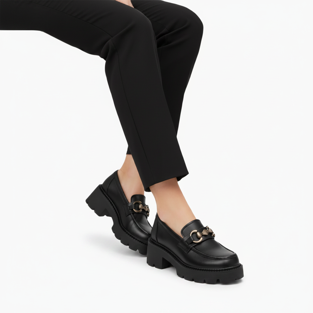 Mocassin noir plateforme porté avec un pantalon stylé, illustrant son allure résolument moderne et son confort.