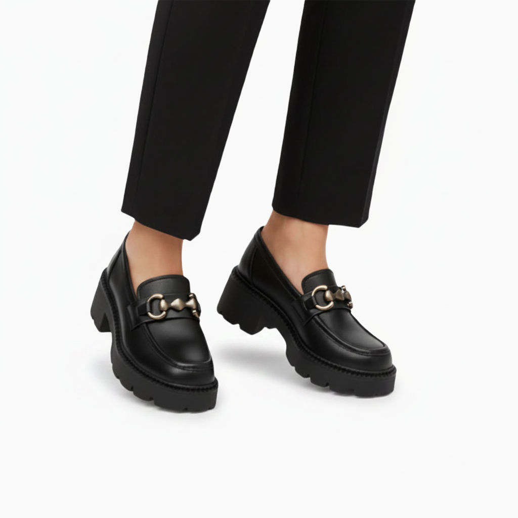 Arrière du mocassin femme noir à plateforme, assurant une démarche stable et une silhouette contemporaine affirmée.