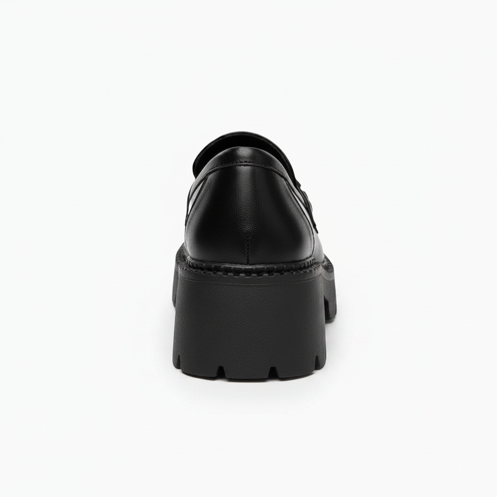 Mocassin plateforme noir en mouvement, soulignant son adaptabilité pour une allure élégante au quotidien avec aisance.