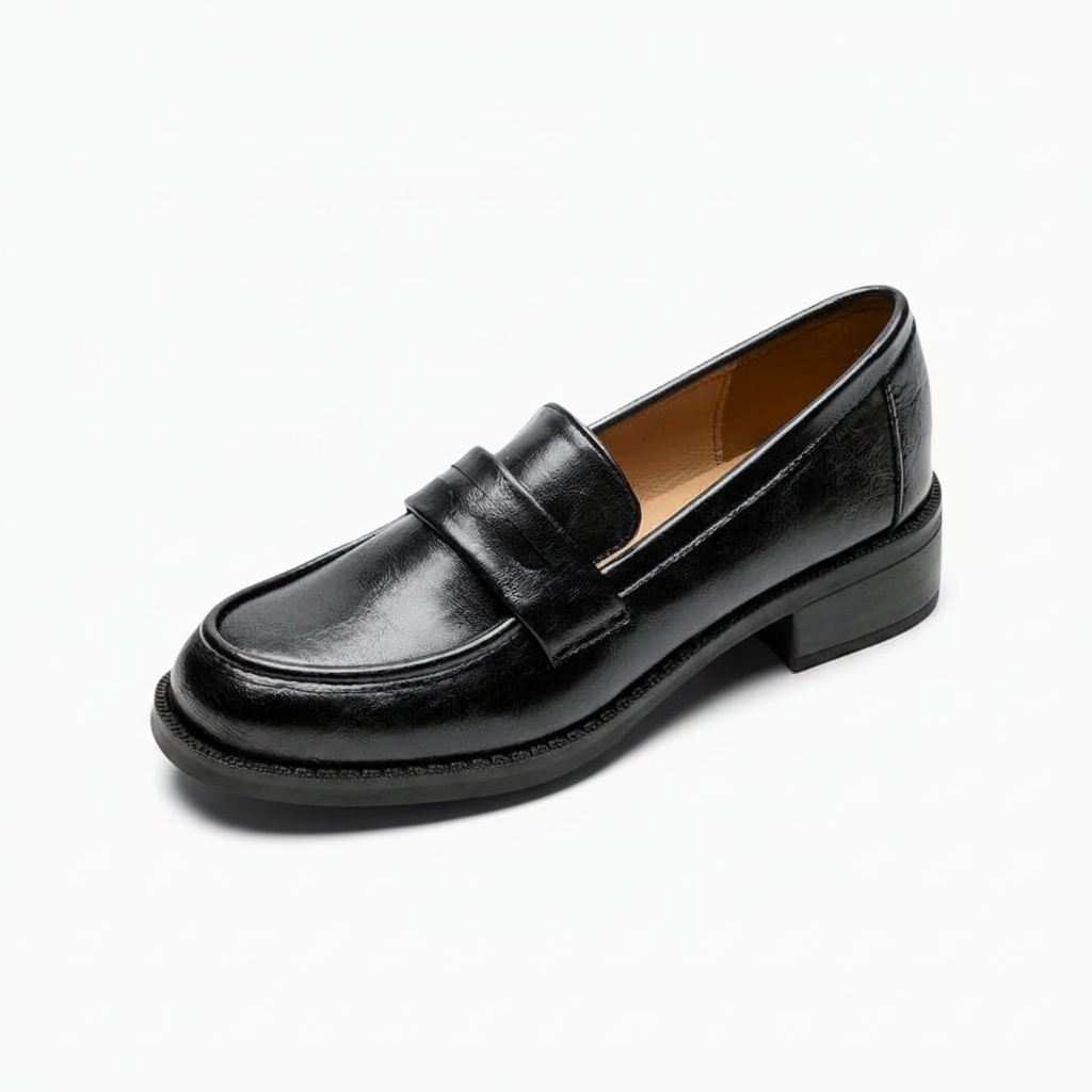 Mocassin noir verni pour femme, élégant et moderne, avec un talon affranchi discret.