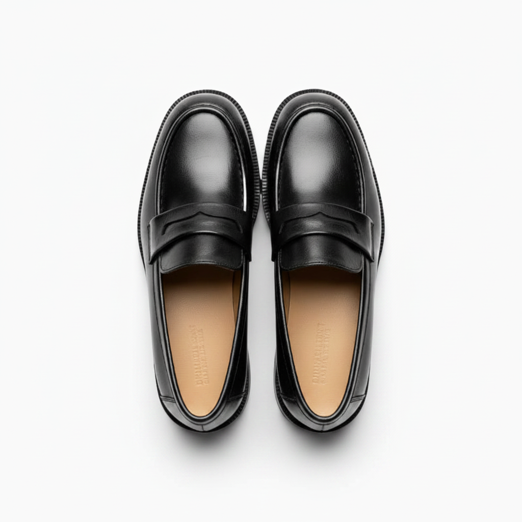 Élégant mocassin noir verni avec son talon affranchi, symbole de raffinement contemporain.