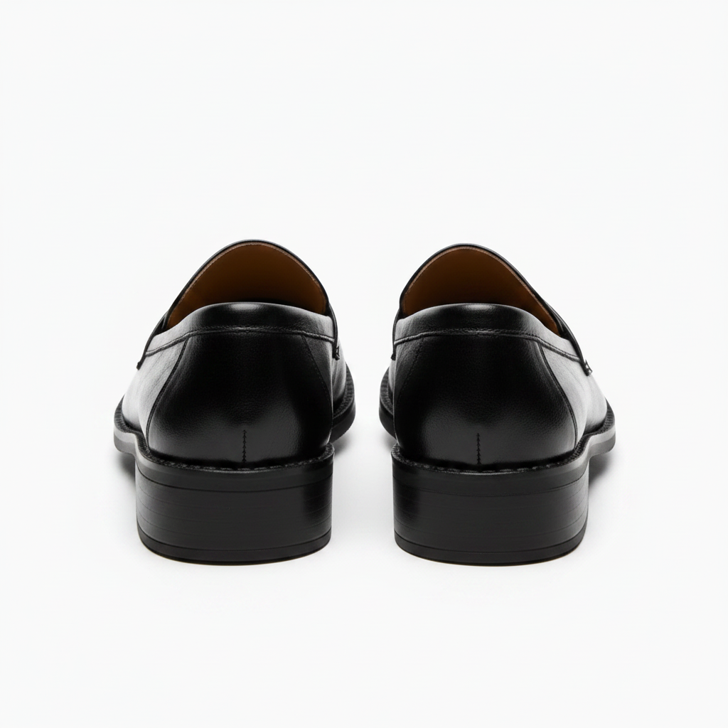 Vue arrière du mocassin noir verni, soulignant la forme unique et la hauteur modérée du talon.
