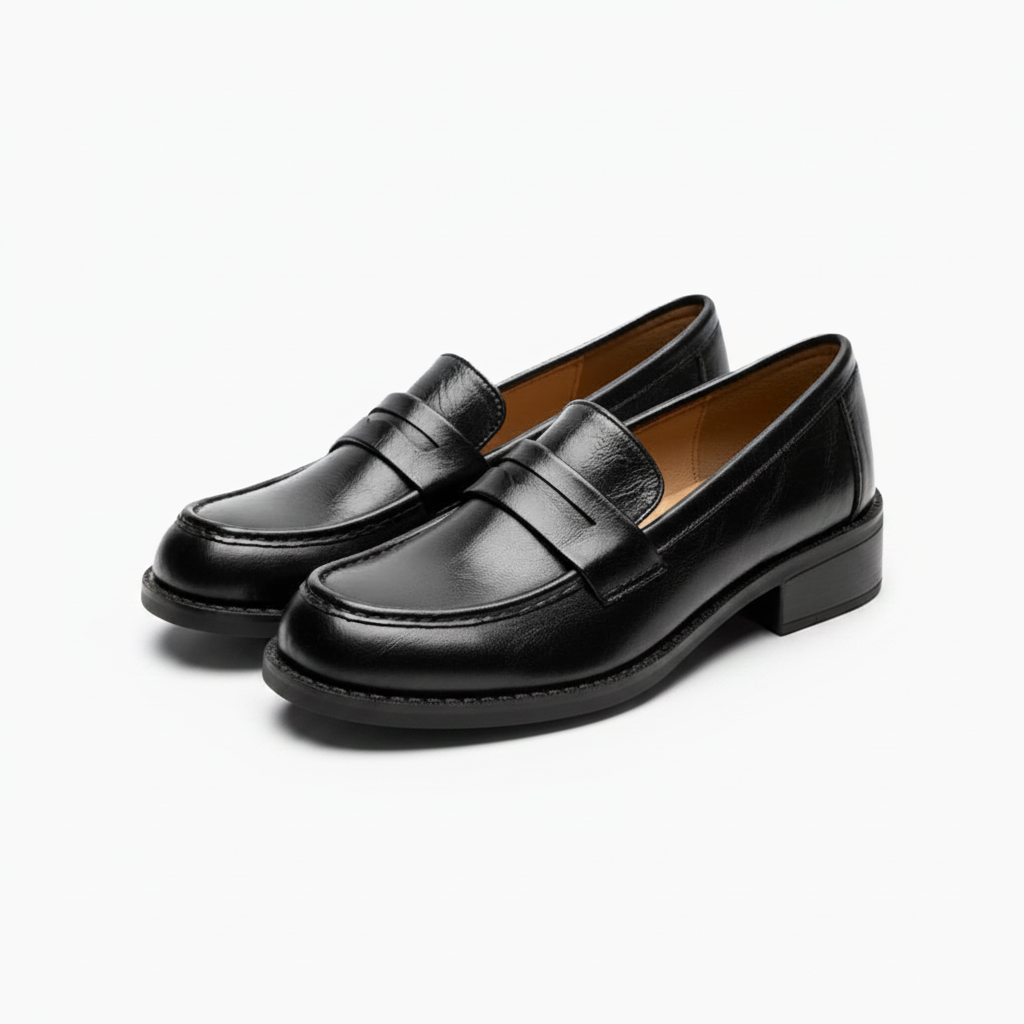 Texture riche et finition luxueuse du cuir verni d'un mocassin noir de haute qualité.