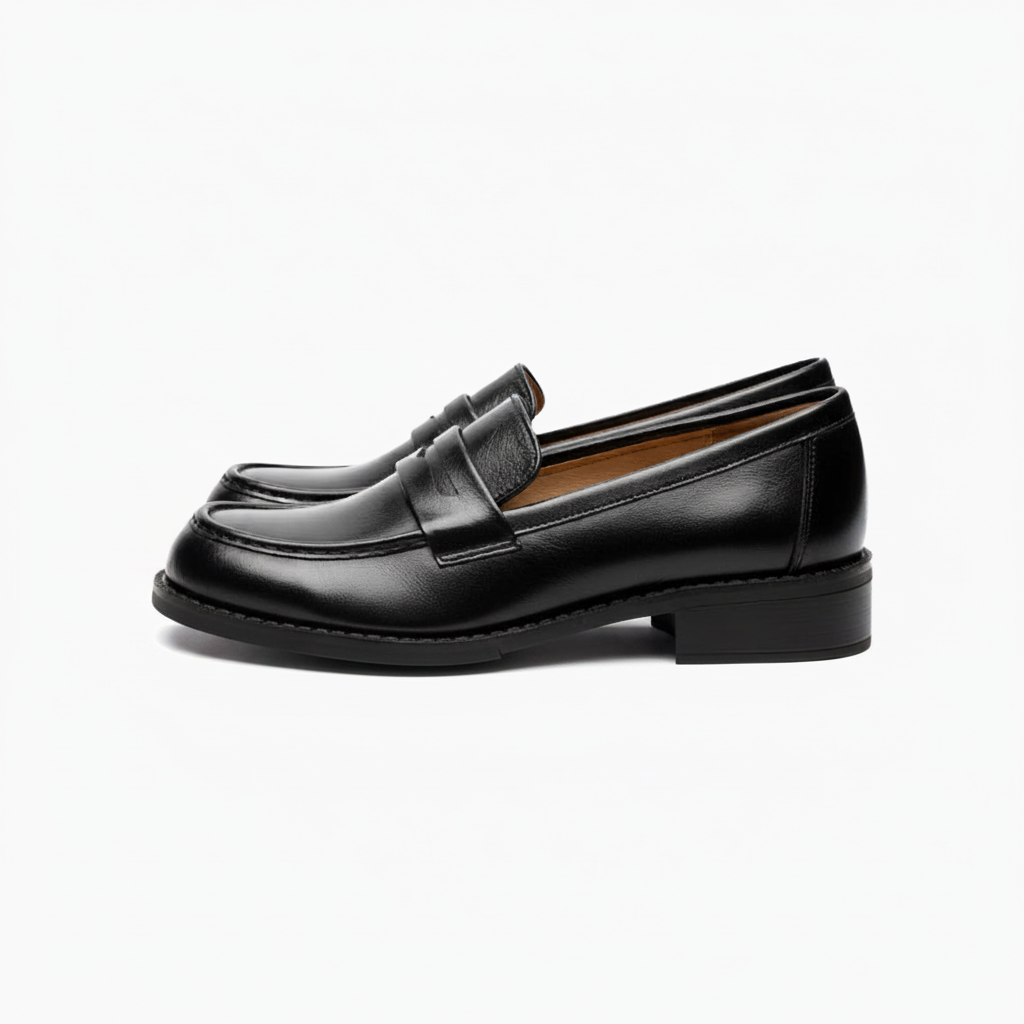 Gros plan sur le cuir verni noir brillant d'un mocassin féminin, reflétant la lumière.
