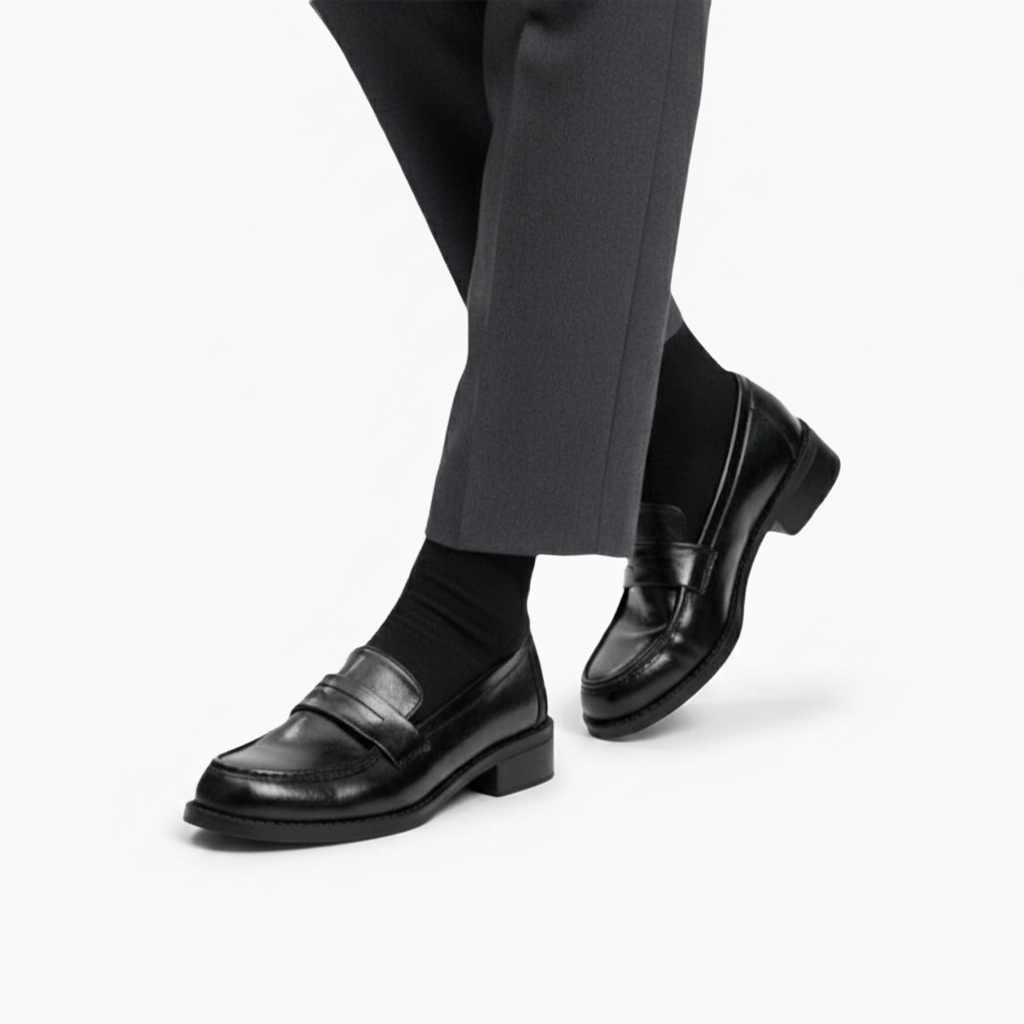Mocassin noir verni à talon porté en marchant en ville, alliant style et polyvalence au quotidien.