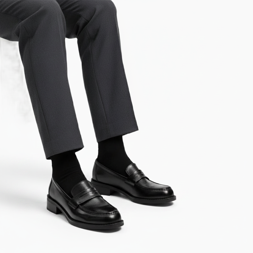 Vue de dessus d'un mocassin noir verni avec son design intemporel et sa finition impeccable.