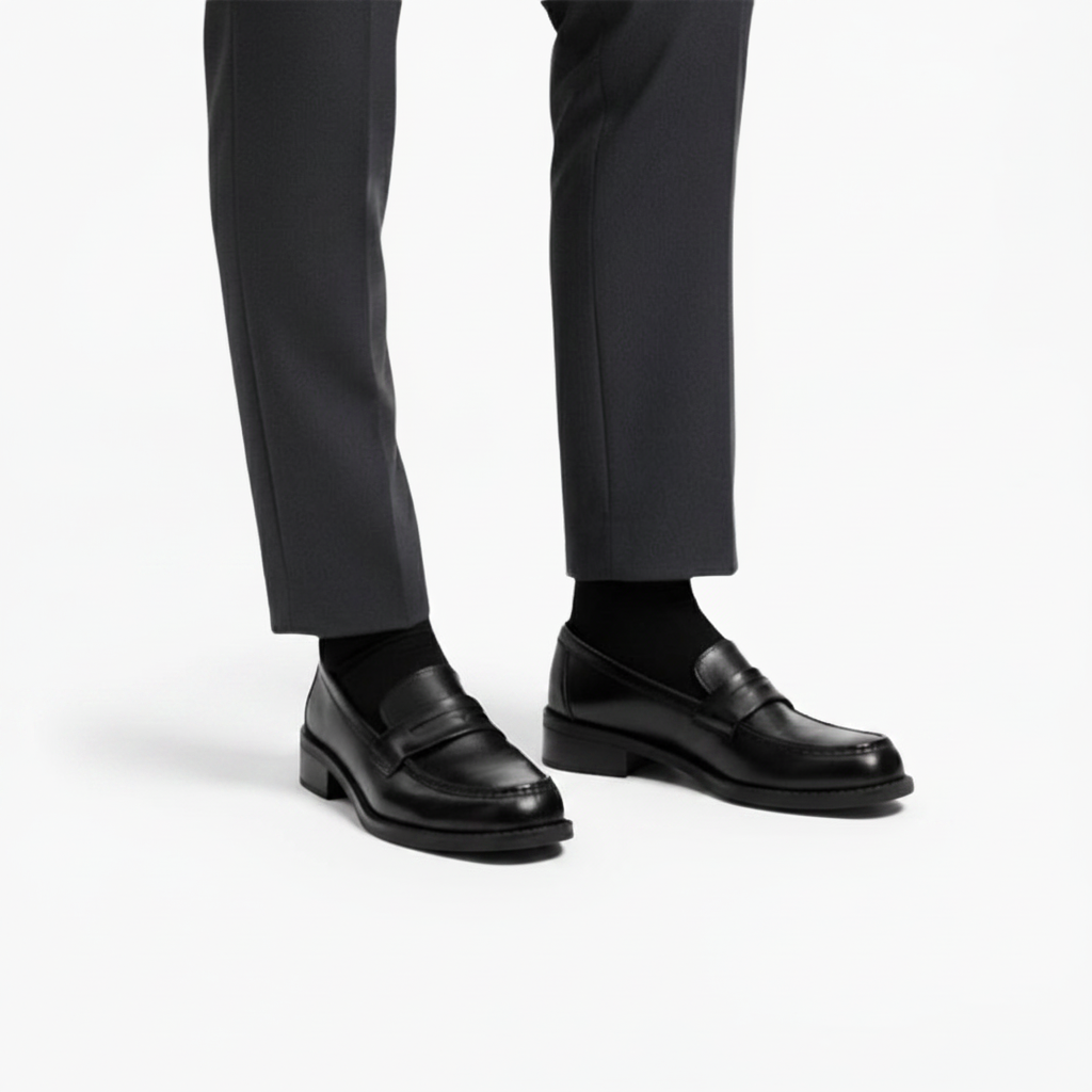 Détail des coutures et de la finition soignée sur le dessus d'un mocassin noir pour femme.