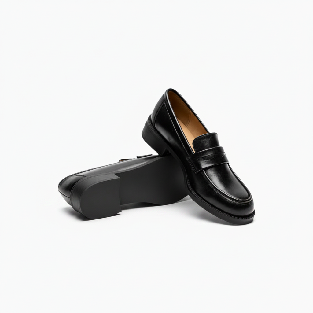 Pied glissant dans un mocassin noir verni, illustrant le confort et la facilité d'enfilage.