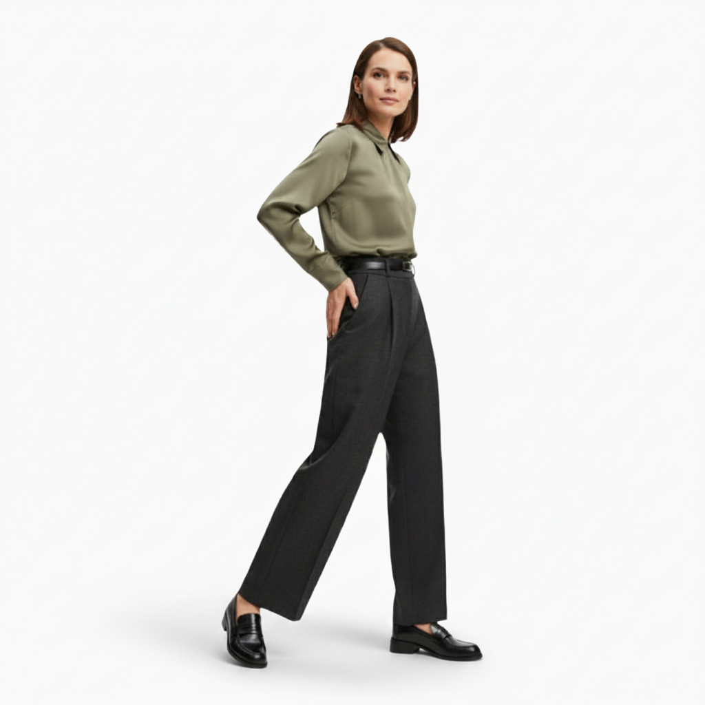 Mocassin verni noir à talon, accessoire parfait pour un pantalon de tailleur sombre et élégant.