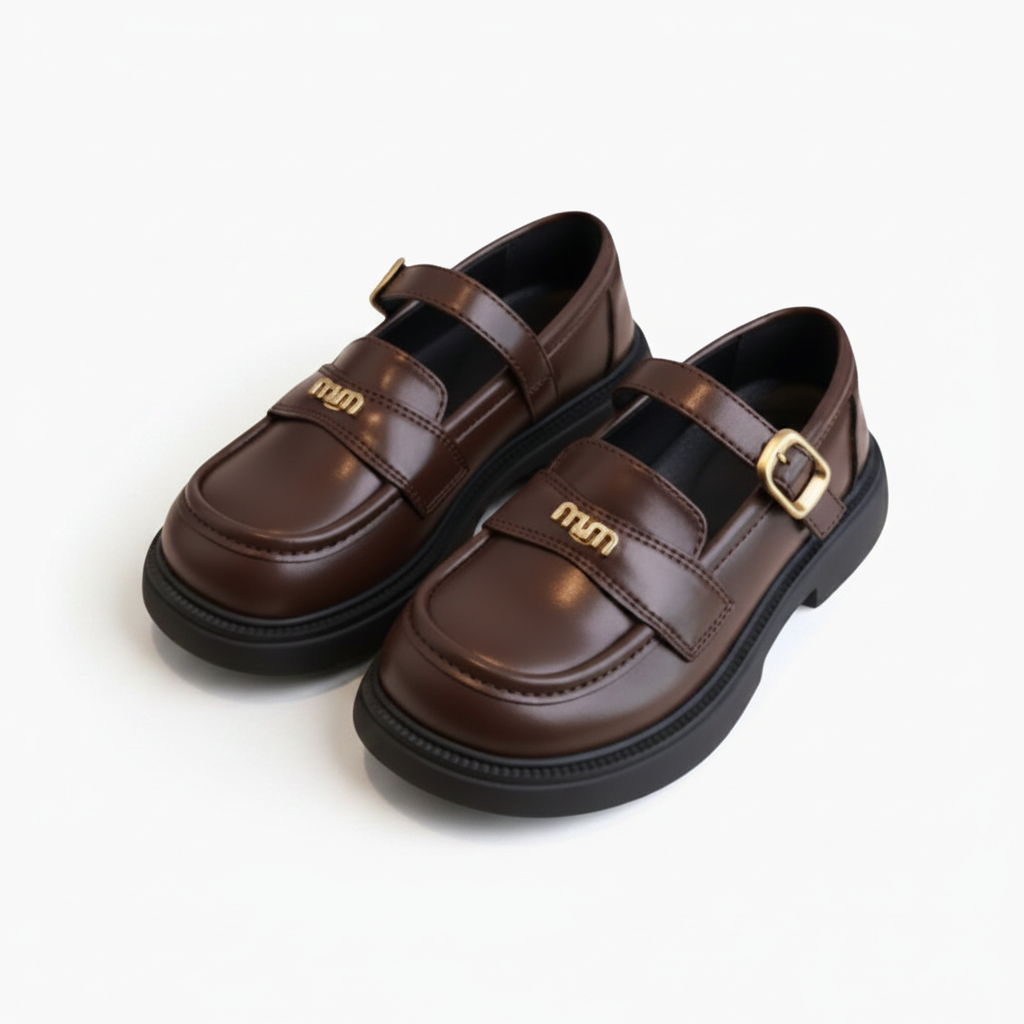 Gros plan sur l'ouverture avant et les détails de la bride du mocassin marron en cuir souple.