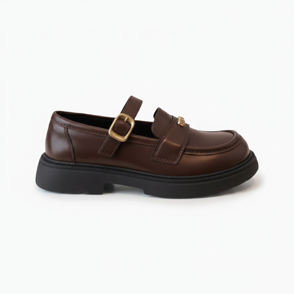 Vue latérale du mocassin ouvert marron, mettant en valeur son design aéré et sa liberté de mouvement.