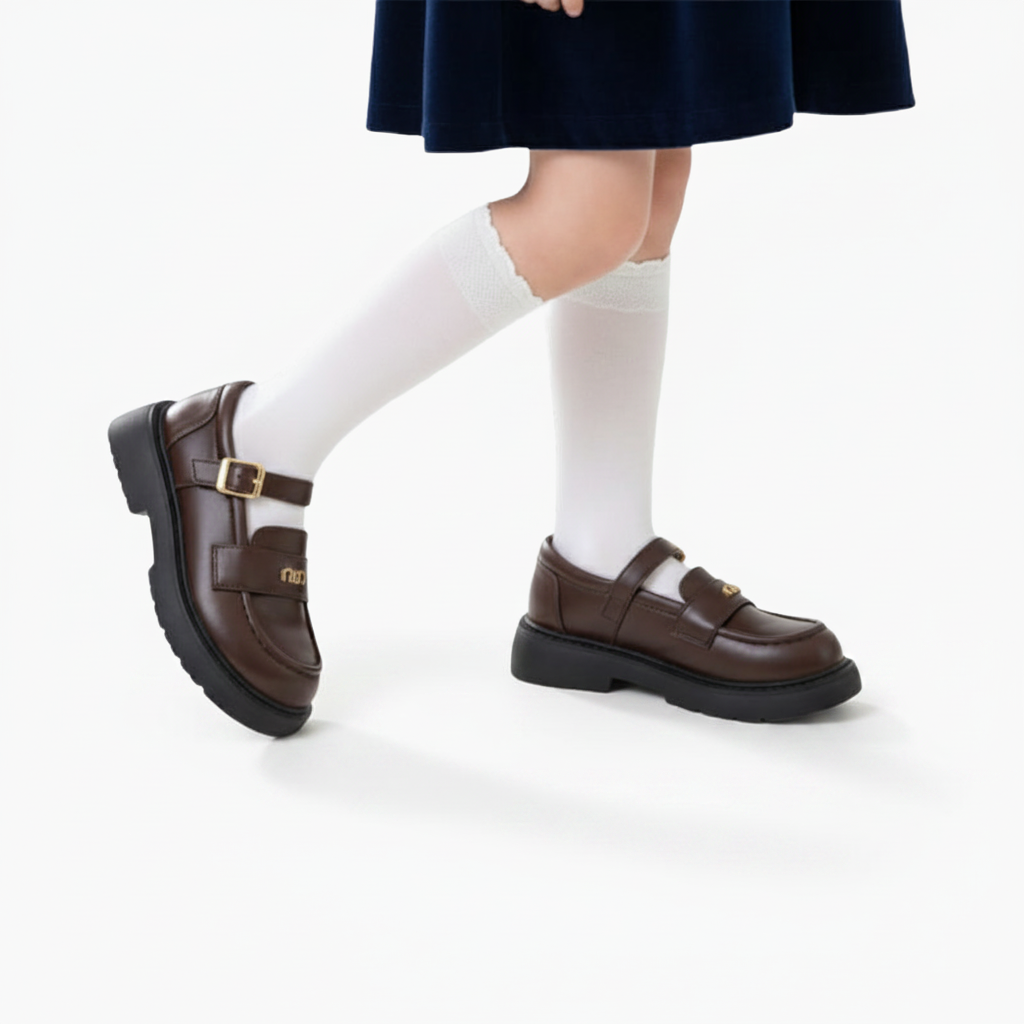 Mocassin pour fillette, vue de dessus, soulignant le confort de son intérieur en cuir pour les pieds.