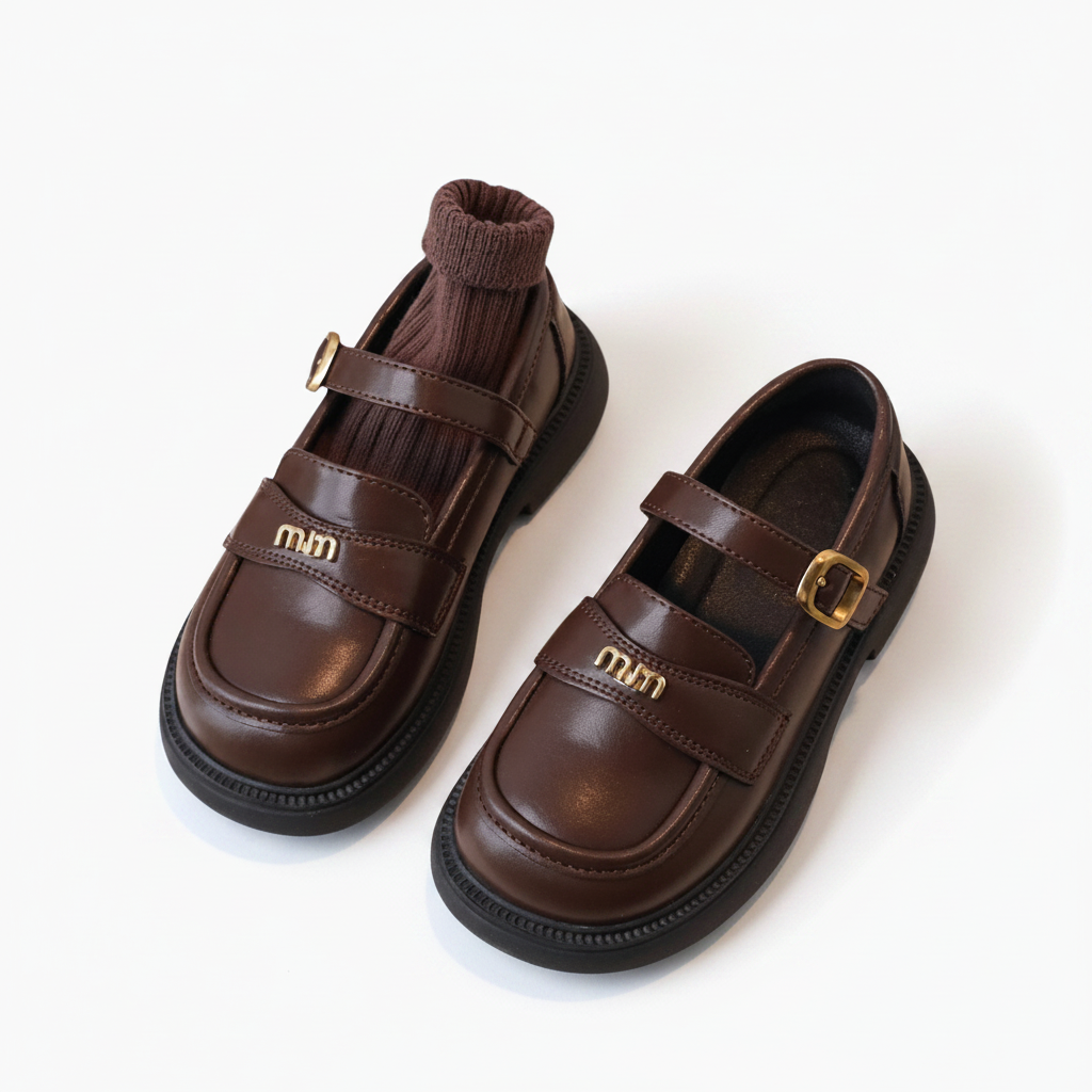 Enfant jouant joyeusement à l'extérieur avec des mocassins ouverts marron, respirants et résistants.