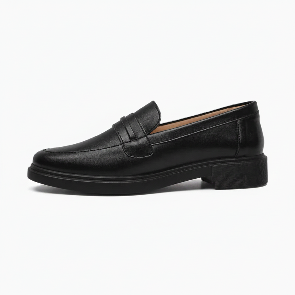 Vue de dessus d'une paire de mocassins Penny Loafer noirs en cuir, soulignant leur silhouette épurée et leur confort.