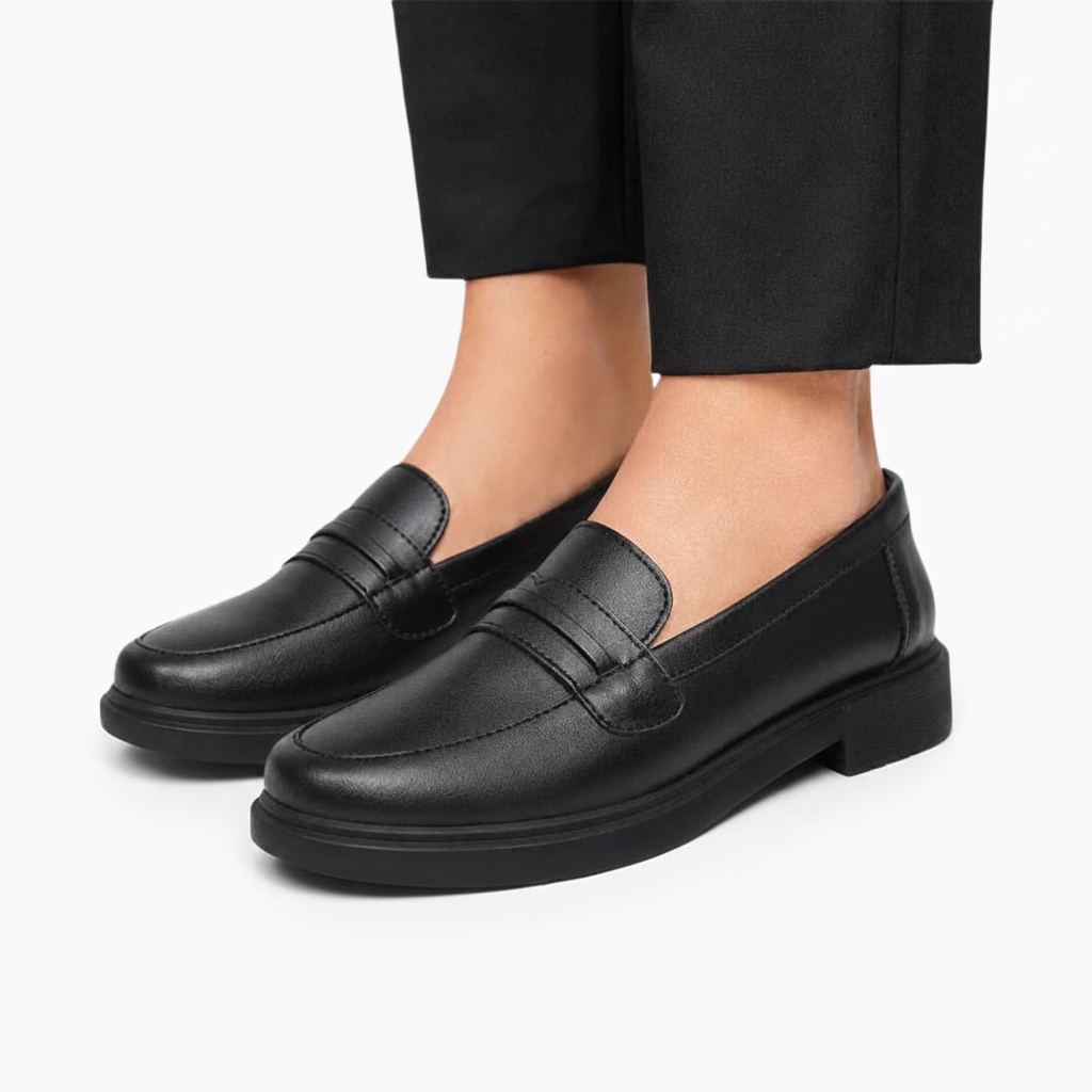 Texture du cuir premium noir du mocassin, révélant la qualité et la souplesse du matériau avec précision.