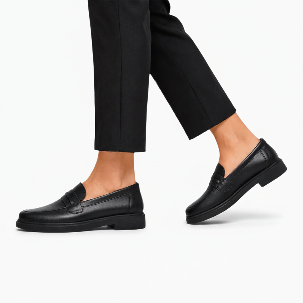 Détail du talon structuré du mocassin noir, offrant un maintien élégant et un confort supérieur toute la journée.