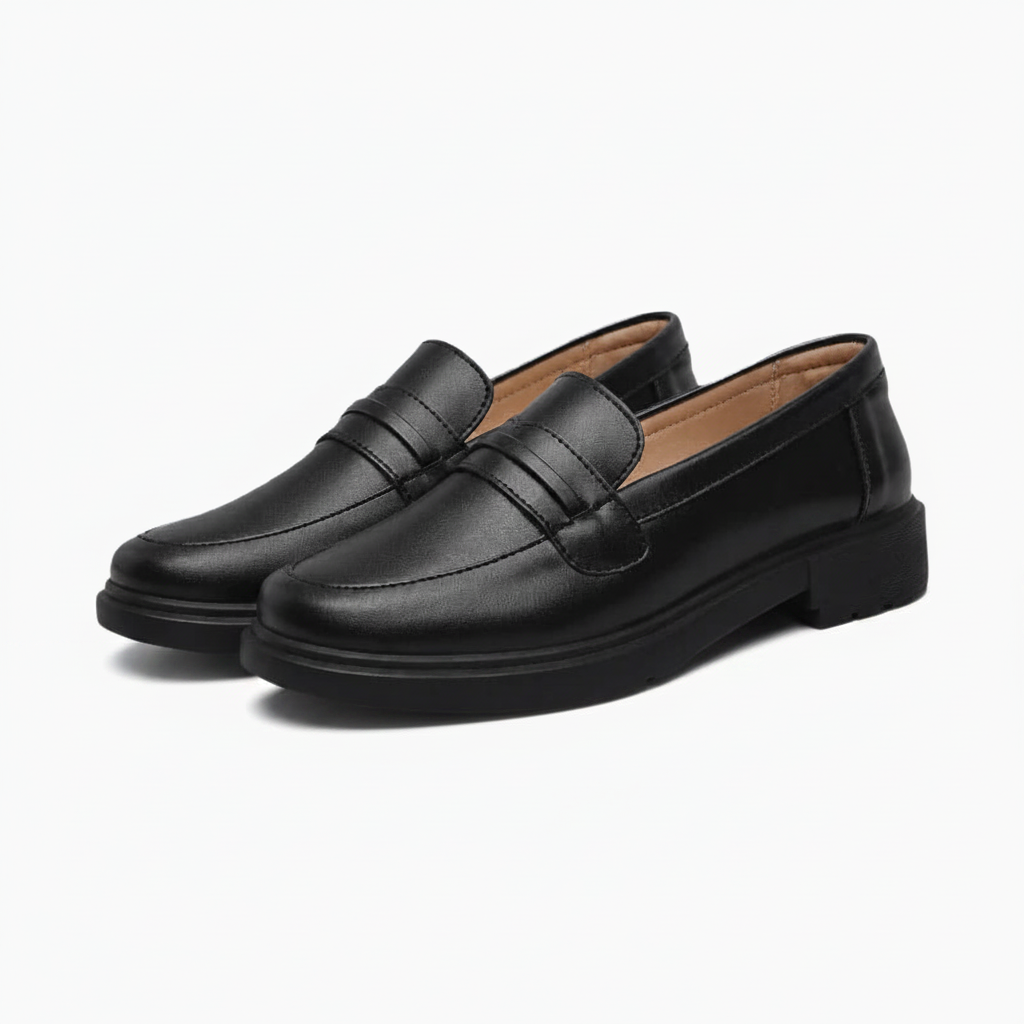 Mocassin Penny Loafer noir porté par une femme en mouvement, exprimant aisance et raffinement urbain au quotidien.