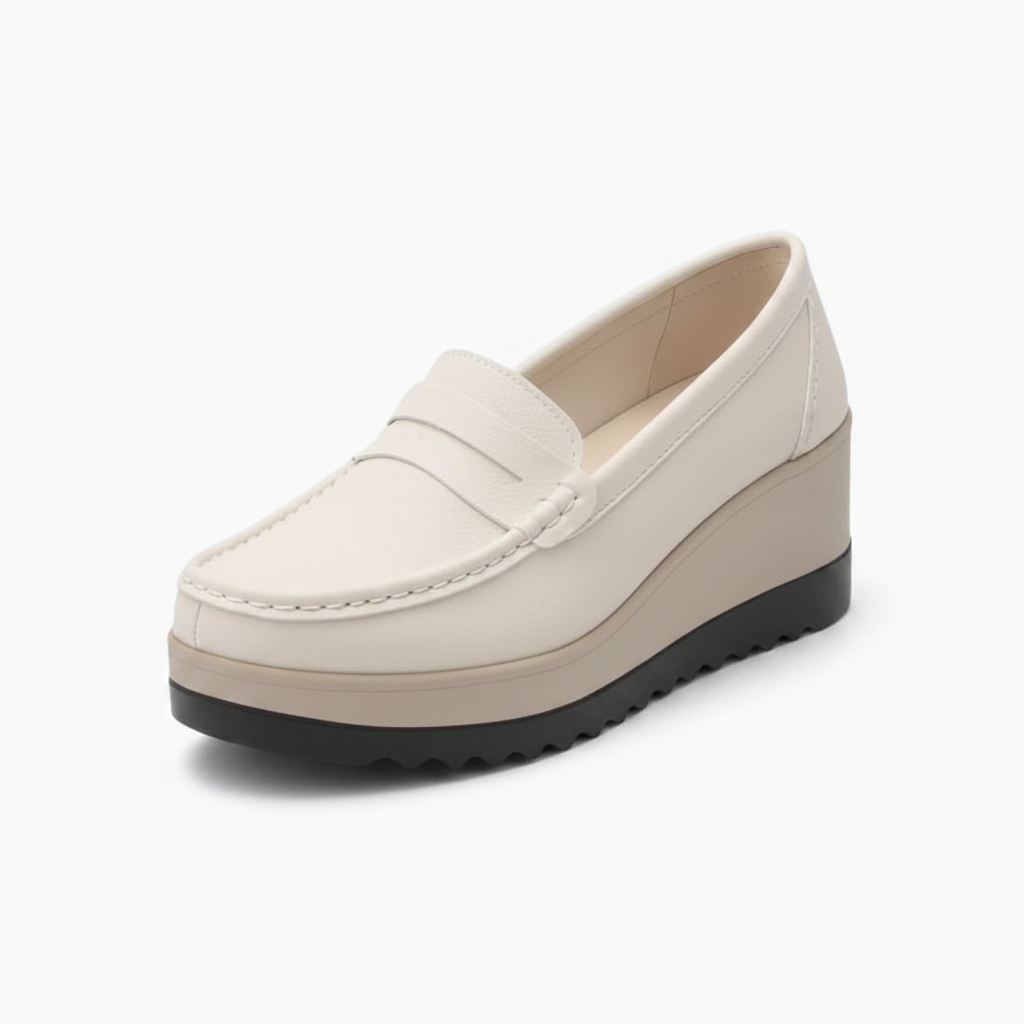Mocassin plateforme beige en suède de vache, élégant et confortable pour la femme moderne.