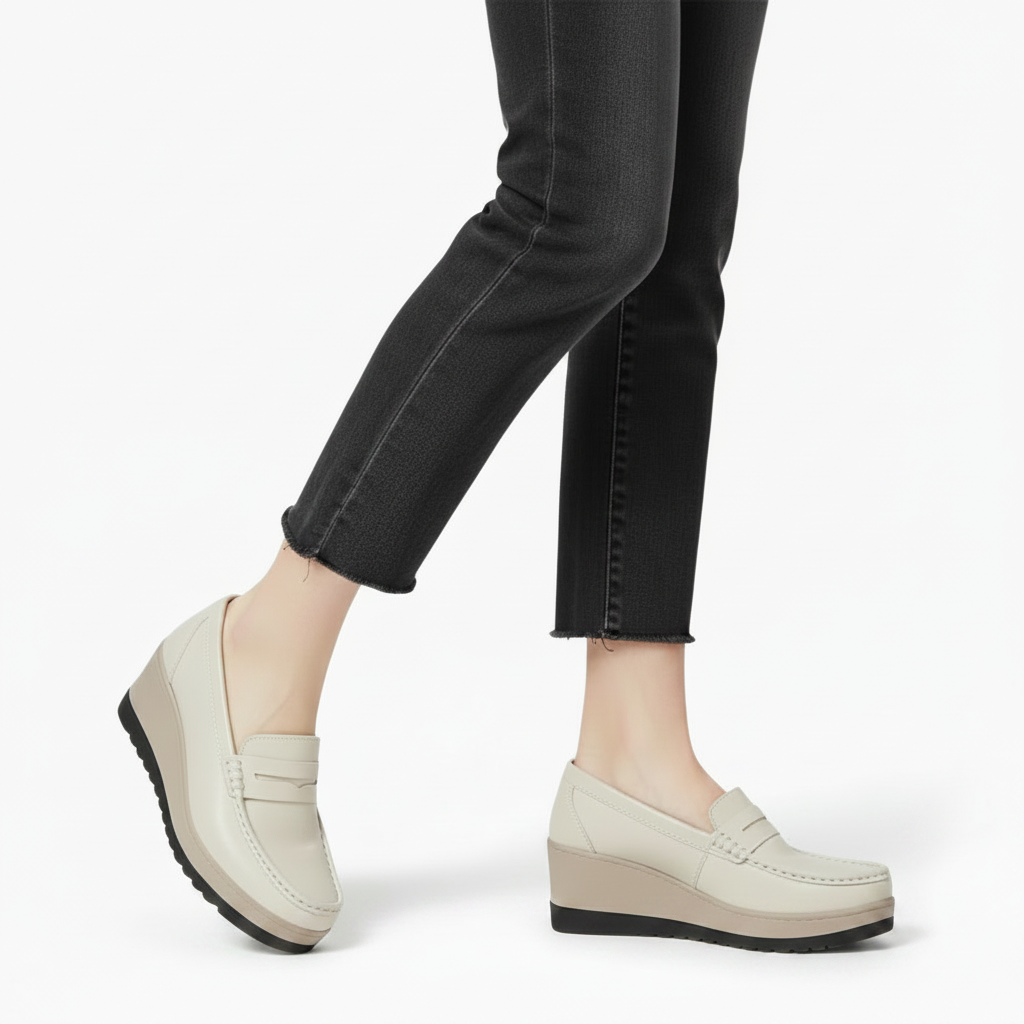 Mocassins plateforme beiges posés sur une terrasse, invitant aux escapades et au bien-être urbain.