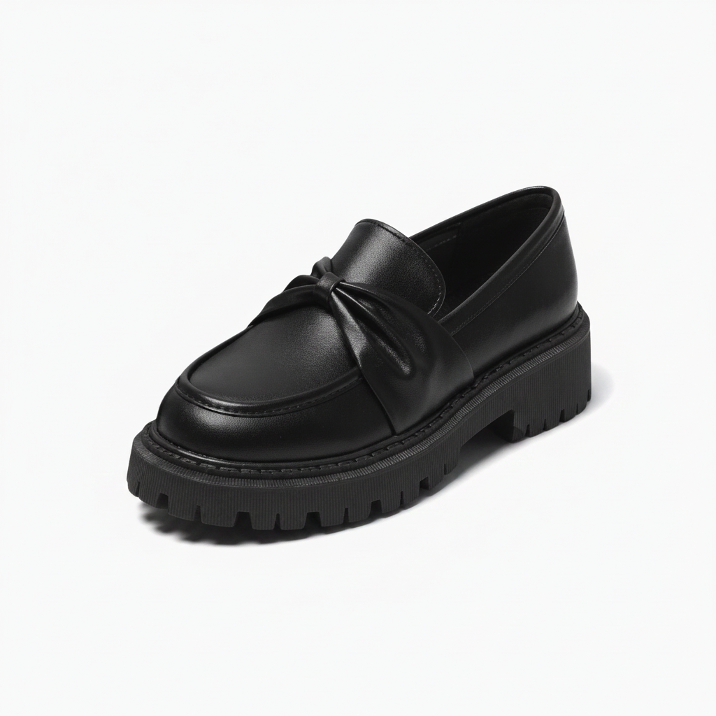 Mocassin plateforme compensée noir élégant, avec un nœud délicat, présenté de face.