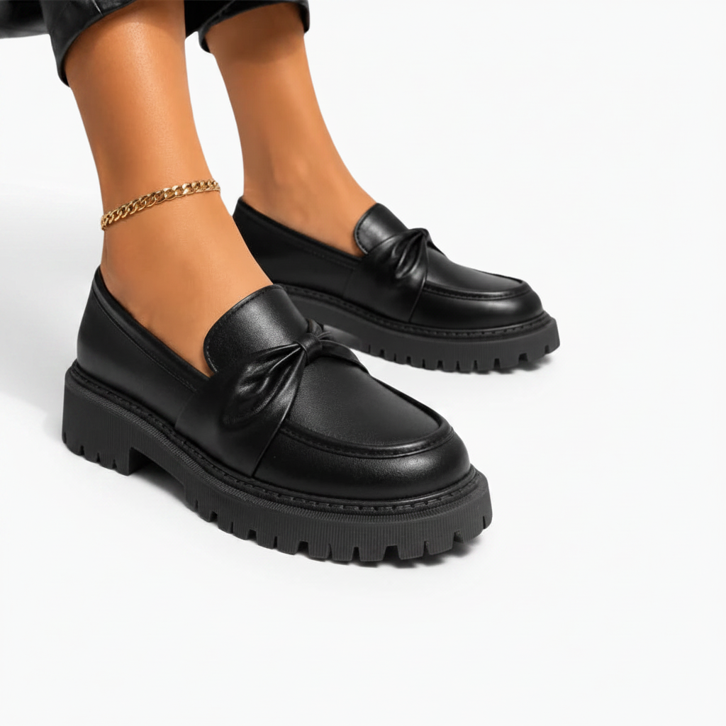 Paire de mocassins noirs compensés portés, la silhouette allongée par la plateforme, en mouvement.