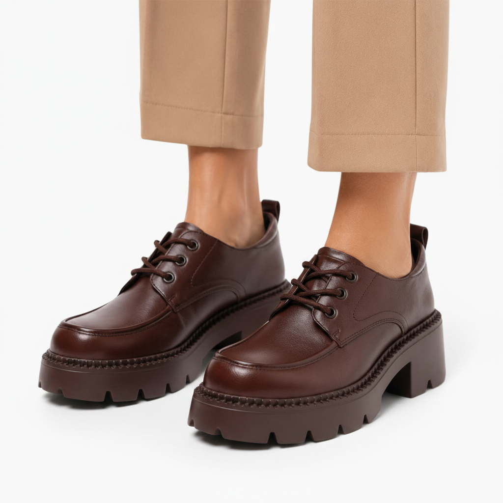 Mocassin plateforme en cuir marron, vue de face, avec son bout rond élégant et sa sangle décorative discrète.