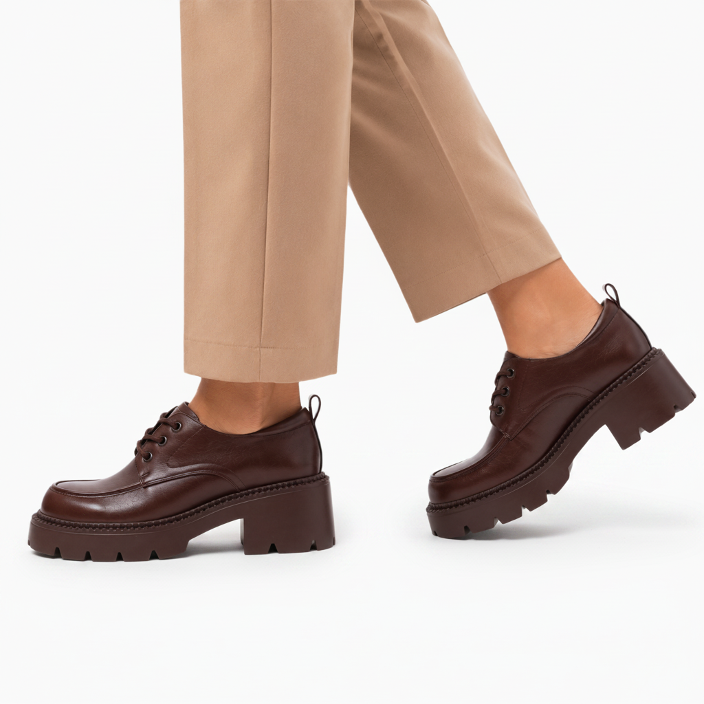 Arrière du mocassin plateforme marron, illustrant la construction solide du talon et la qualité du cuir.
