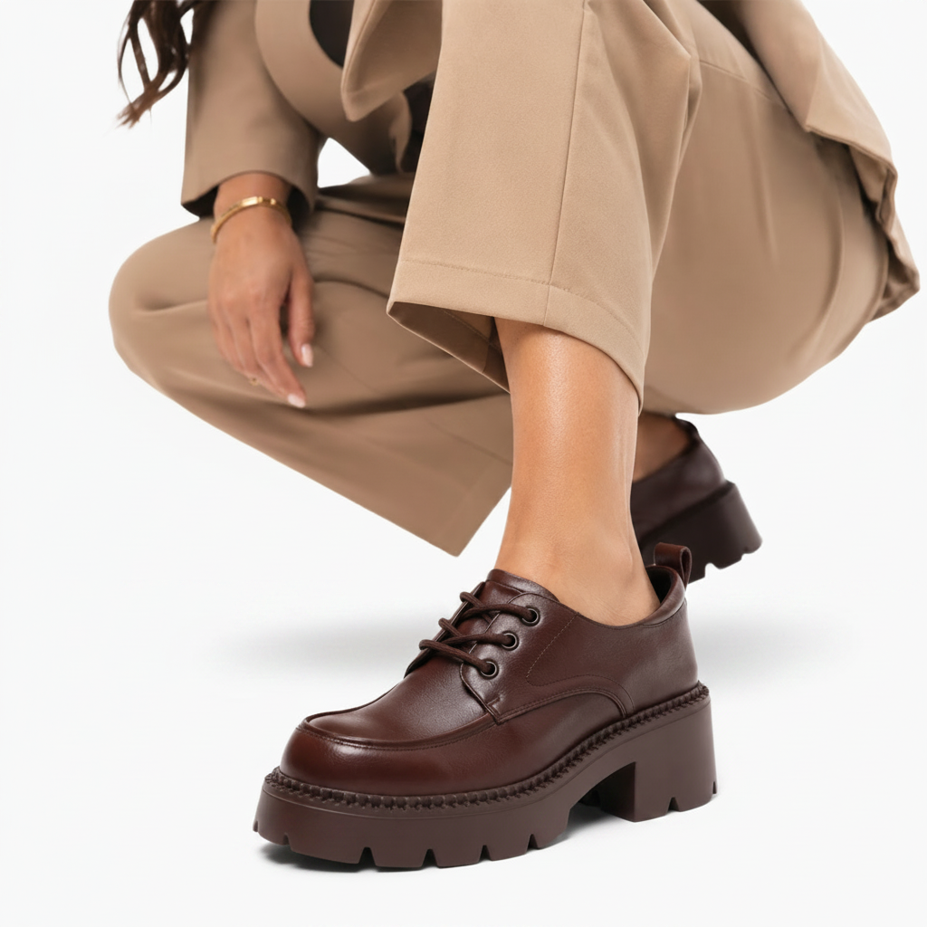 Femme marchant avec aisance, portant les élégants mocassins plateforme en cuir marron, parfait pour la ville.