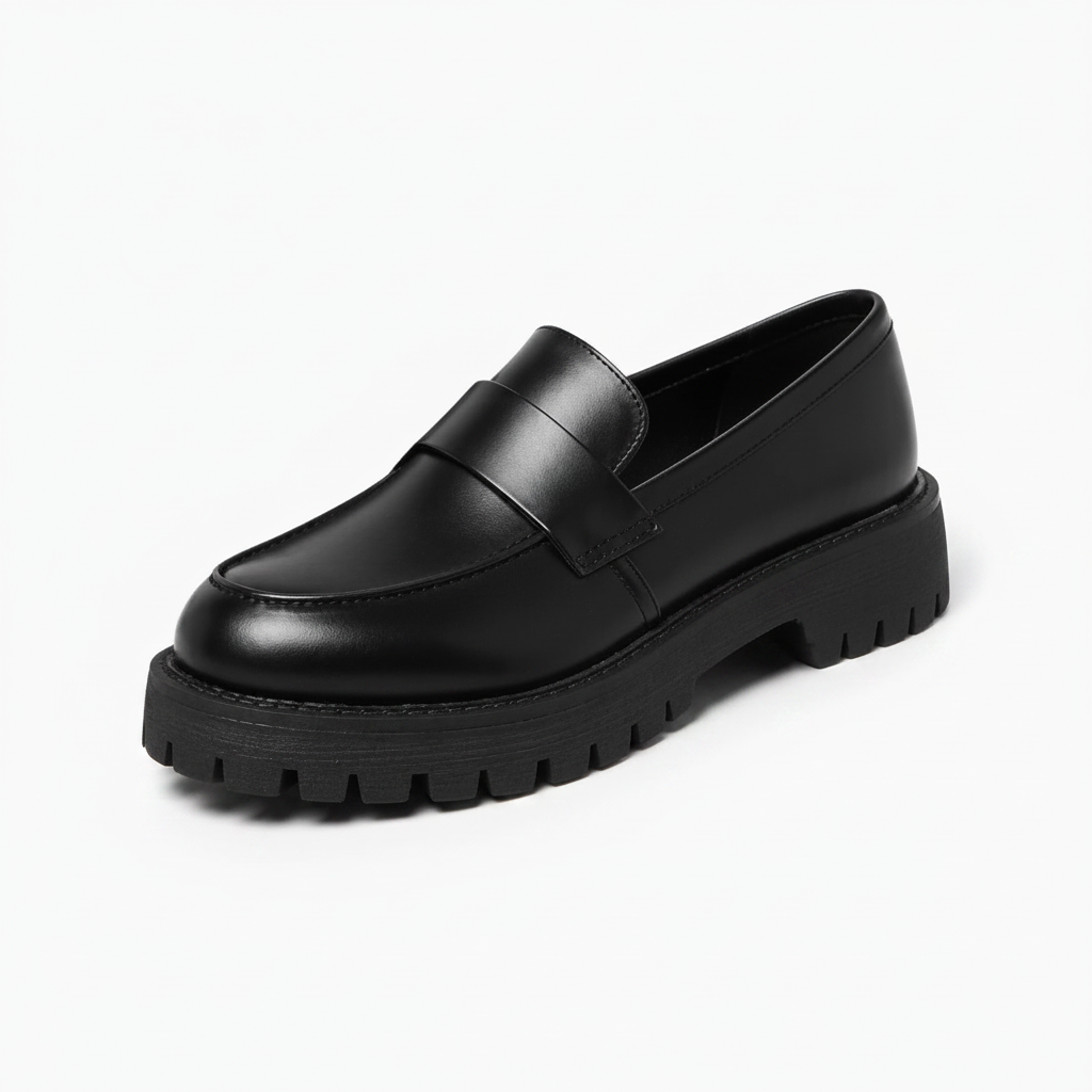 Mocassin plateforme femme en cuir noir, style rétro élégant avec semelle crantée robuste.