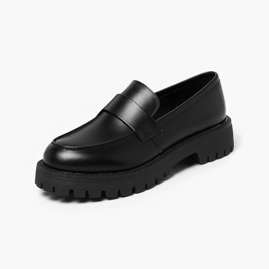 Mocassin plateforme femme en cuir noir, style rétro élégant avec semelle crantée robuste.