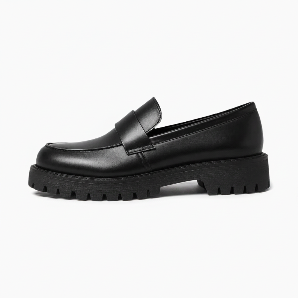 Profil élégant d'un mocassin plateforme noir montrant la semelle crantée et la hauteur discrète de la plateforme.
