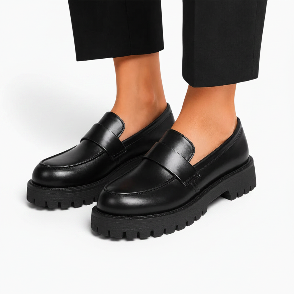 Vue de face d'une paire de mocassins plateformes noirs, prêts à être enfilés avec aisance et style.