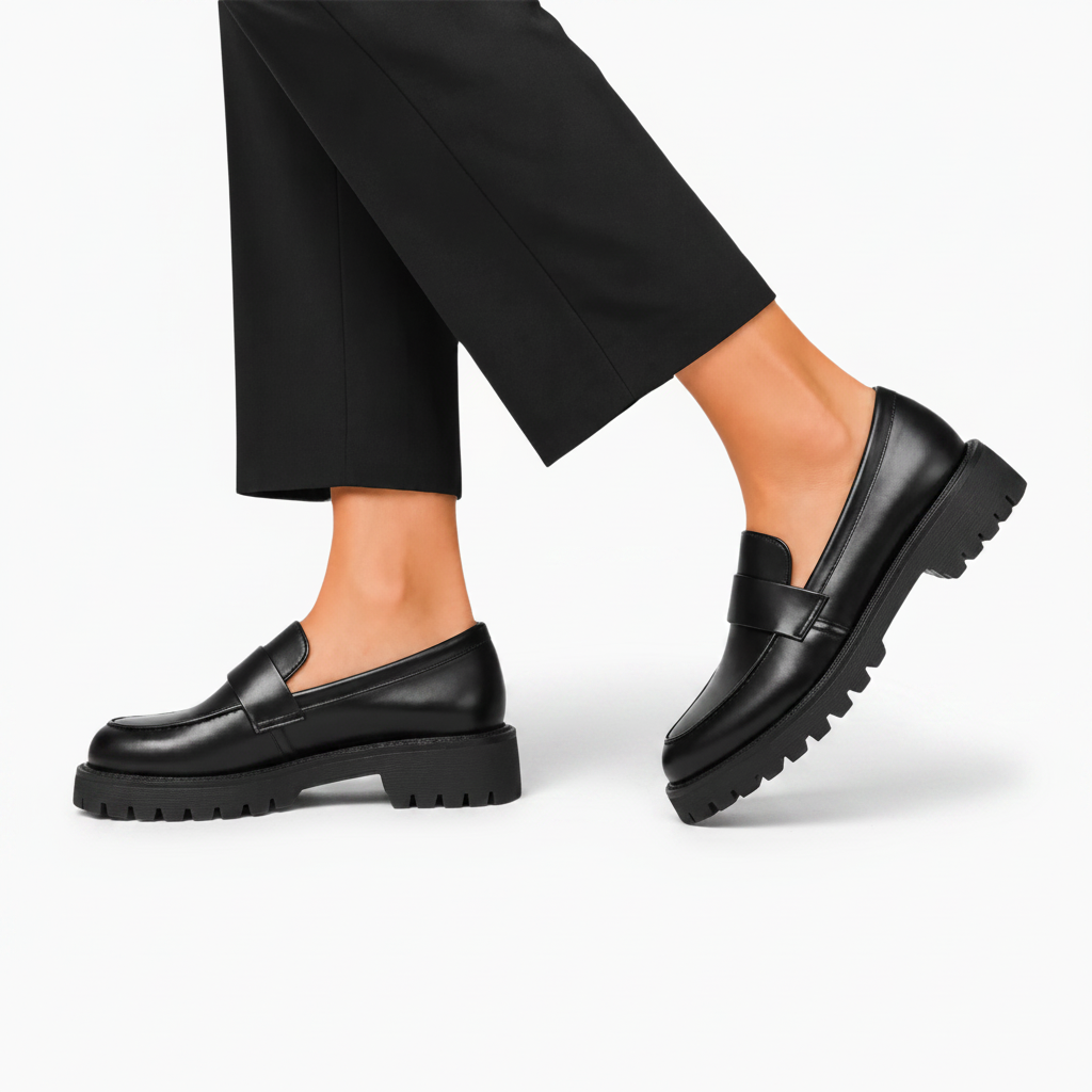 Femme portant des mocassins plateformes noirs, marchant avec assurance en ville, alliant confort et allure rétro.