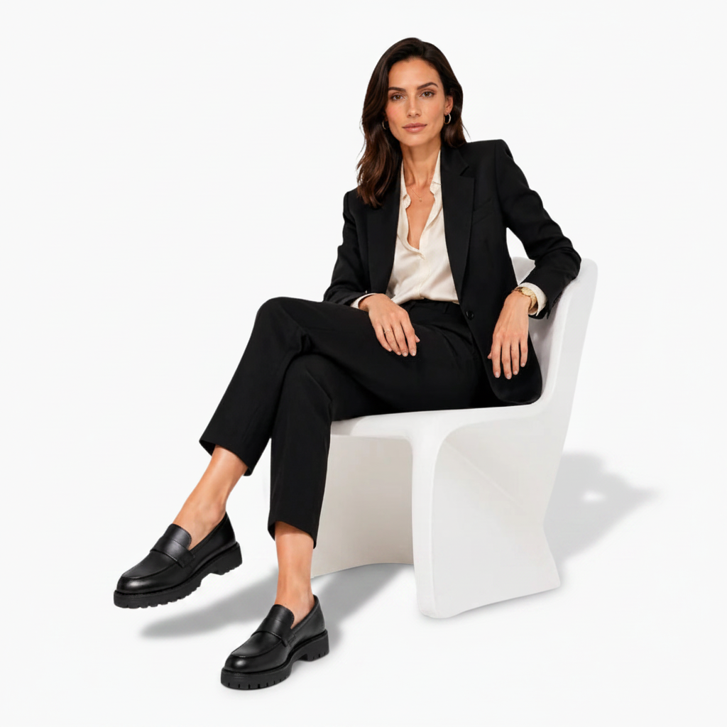 Pieds croisés, les mocassins plateformes noirs complètent une tenue décontractée et chic avec sophistication.