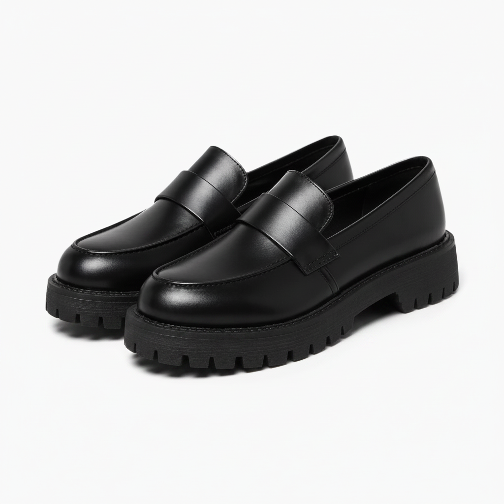 Finitions impeccables du mocassin plateforme en cuir noir, soulignant les coutures raffinées et la forme classique.