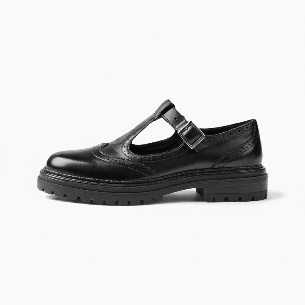 Vue de dessus des mocassins noirs brillants, soulignant le bout arrondi et le lustre du cuir verni.